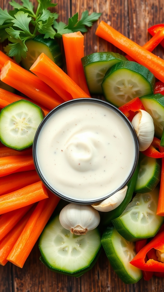 Creamy Garlic Dipping Sauce Recipe Creamy garlic dipping sauce in a bowl with fresh vegetables on a rustic table.